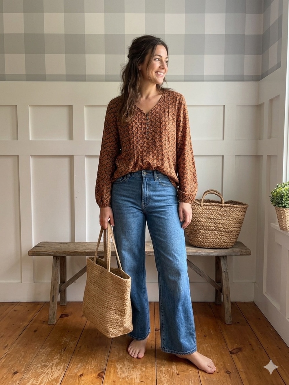 TravelSmith Silk Rust‎ Brown Patterned V-Neck Blouse Small